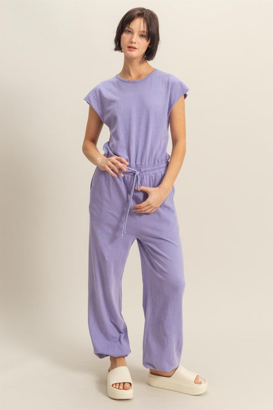 Stylish back keyhole round neck cap sleeve drawstring jumpsuit, perfect for casual and dressy occasions.