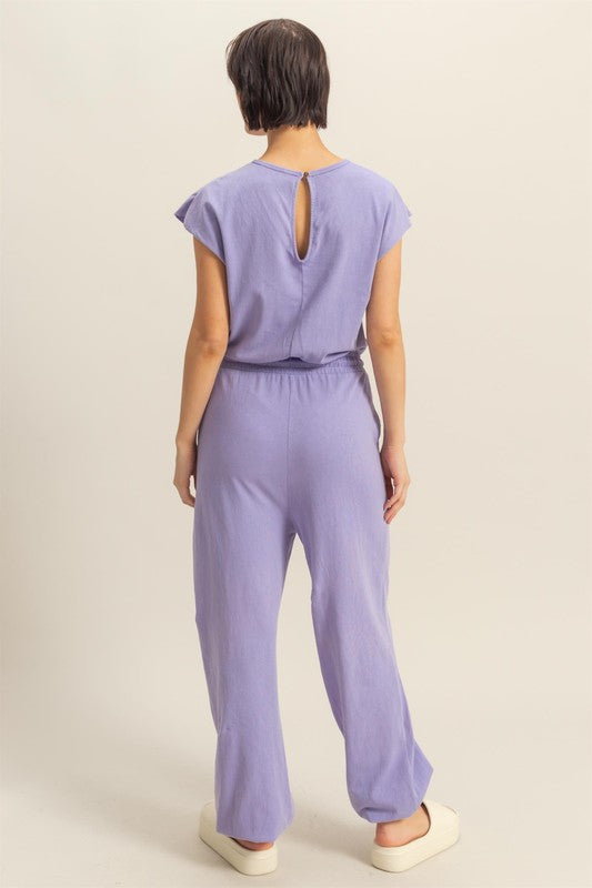 Stylish back keyhole round neck cap sleeve drawstring jumpsuit, perfect for casual and dressy occasions.