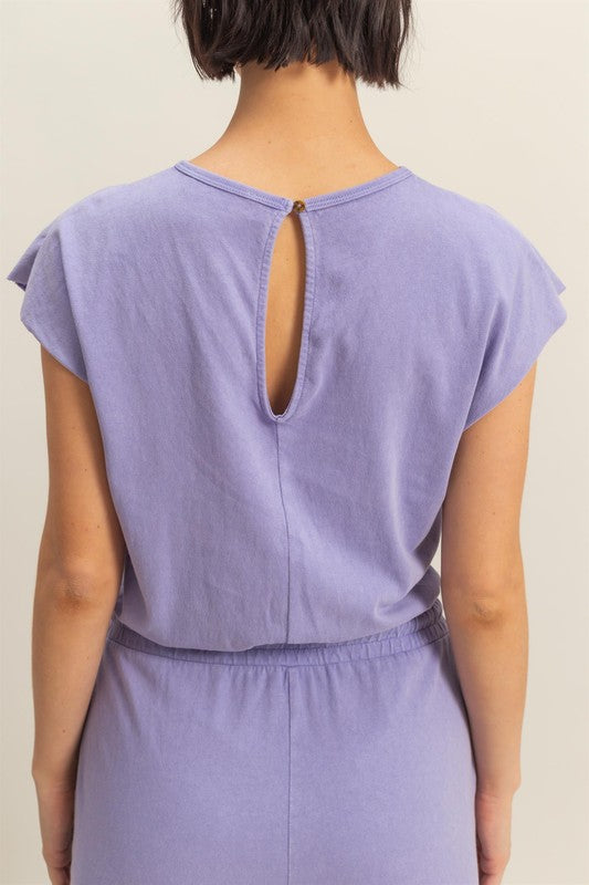 Stylish back keyhole round neck cap sleeve drawstring jumpsuit, perfect for casual and dressy occasions.