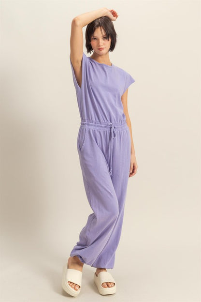 Stylish back keyhole round neck cap sleeve drawstring jumpsuit, perfect for casual and dressy occasions.