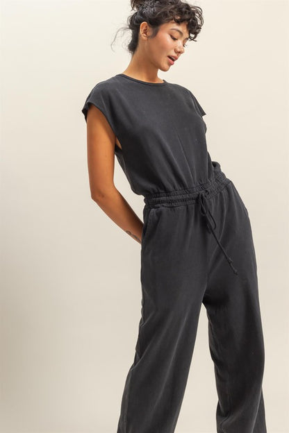 Chic back keyhole jumpsuit with cap sleeves and a drawstring waist for an effortless, stylish look