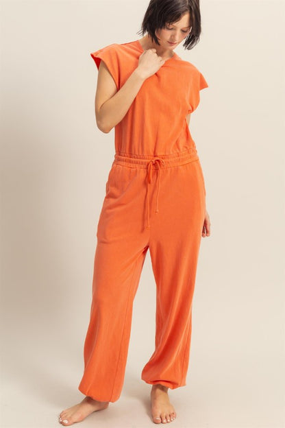 Back keyhole round neck cap sleeve drawstring jumpsuit with a flattering fit and pockets for effortless style and comfort.