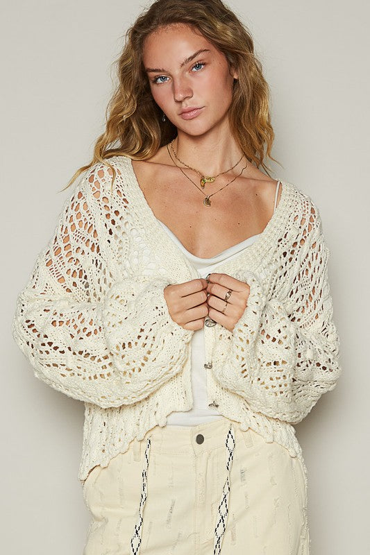 Women's cable-knit openwork V-neck button-up cardigan – cozy and stylish layering piece