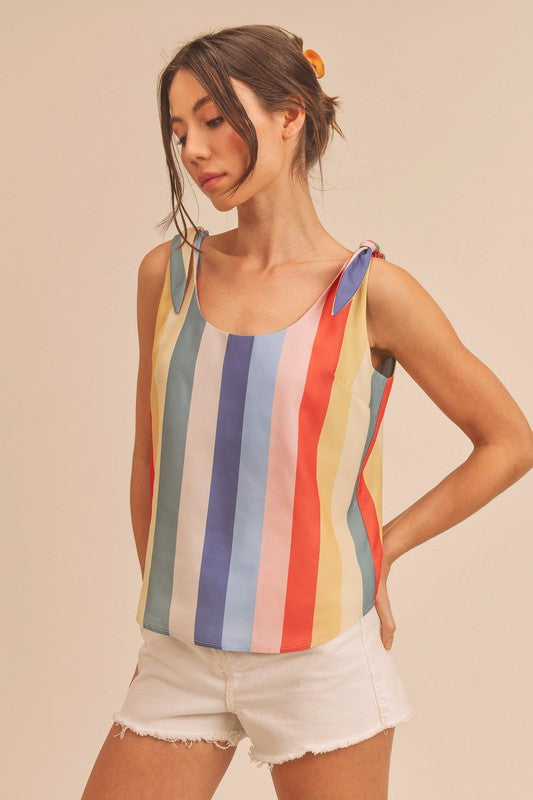 Chic contrast striped scoop neck tie shoulder tank, perfect for summer outfits.