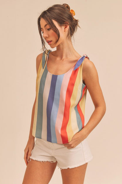 Chic contrast striped scoop neck tie shoulder tank, perfect for summer outfits.