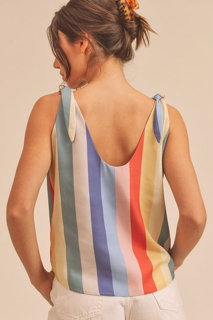 Chic contrast striped scoop neck tie shoulder tank, perfect for summer outfits.