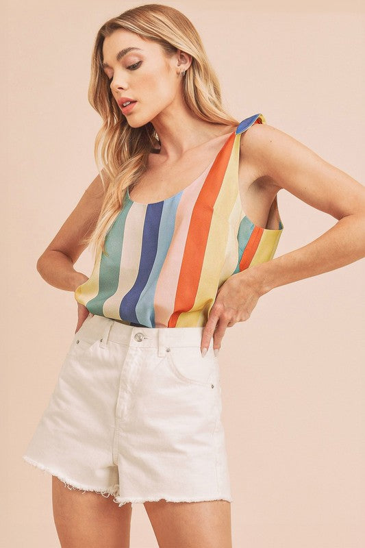 Chic contrast striped scoop neck tie shoulder tank, perfect for summer outfits.