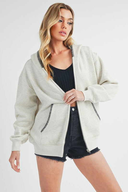 Women's contrast trim zip-up hoodie jacket with pockets – casual and sporty layering piece