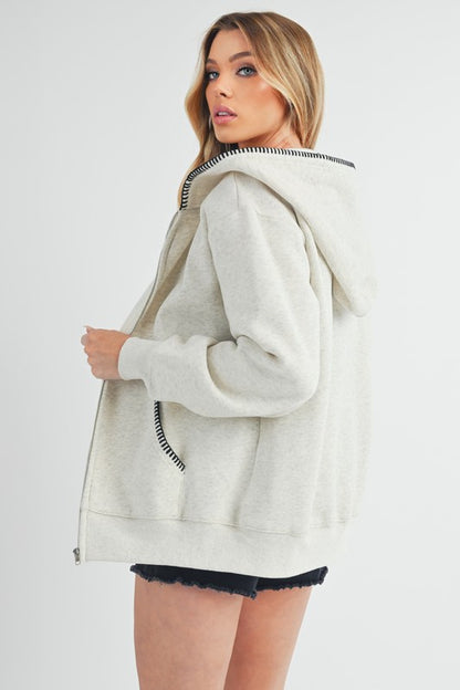 Women's contrast trim zip-up hoodie jacket with pockets – casual and sporty layering piece