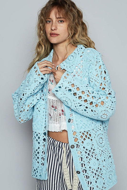 Women's crochet button-up cardigan with chest patch pockets – boho chic and stylish