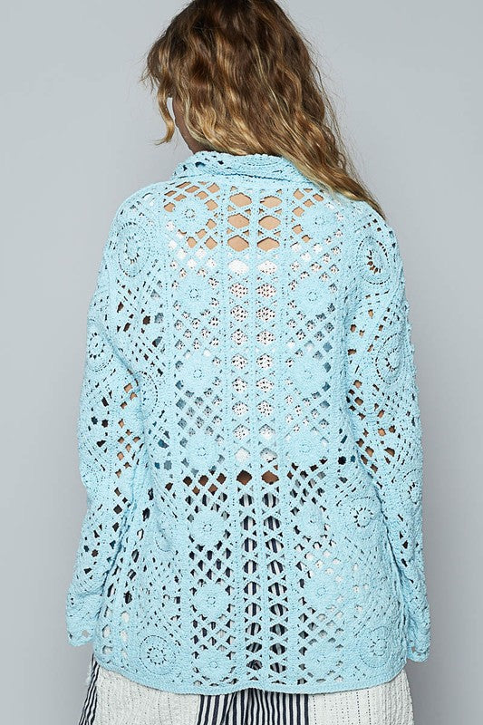 Women's crochet button-up cardigan with chest patch pockets – boho chic and stylish