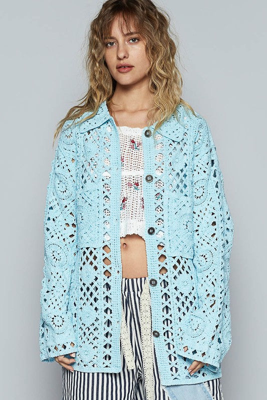 Women's crochet button-up cardigan with chest patch pockets – boho chic and stylish