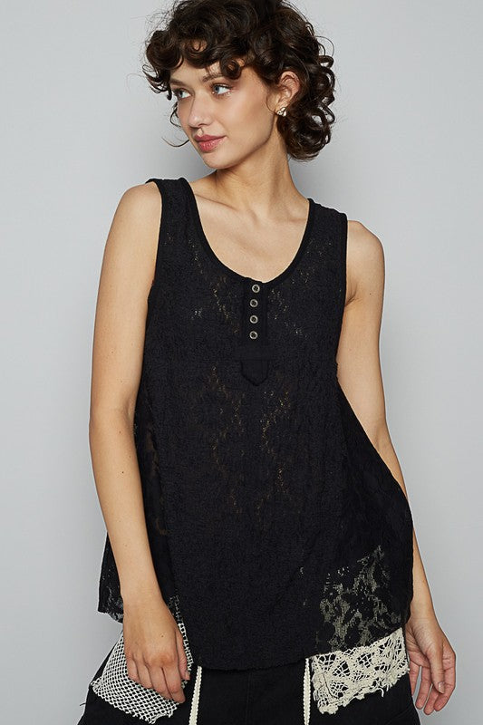 Women's crochet lace mix round neck tank with button details – feminine and chic summer top