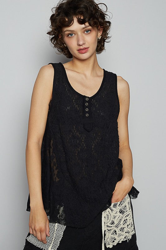 Women's crochet lace mix round neck tank with button details – feminine and chic summer top