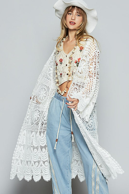 Women's crochet longline cardigan with open front and long sleeves – boho chic layering piece