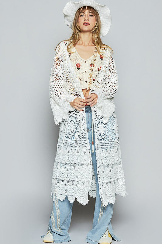 Women's crochet longline cardigan with open front and long sleeves – boho chic layering piece