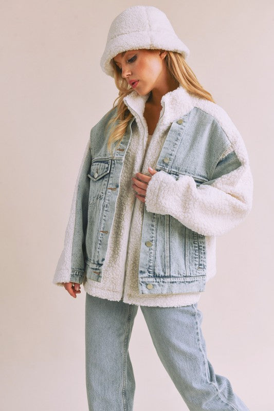 Stylish denim washed drop shoulder sherpa jacket with a faux two-piece effect, perfect for a cozy and trendy layered look