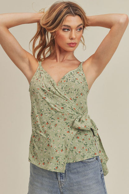 Chic ditsy floral surplice adjustable straps cami with a feminine and elegant design.