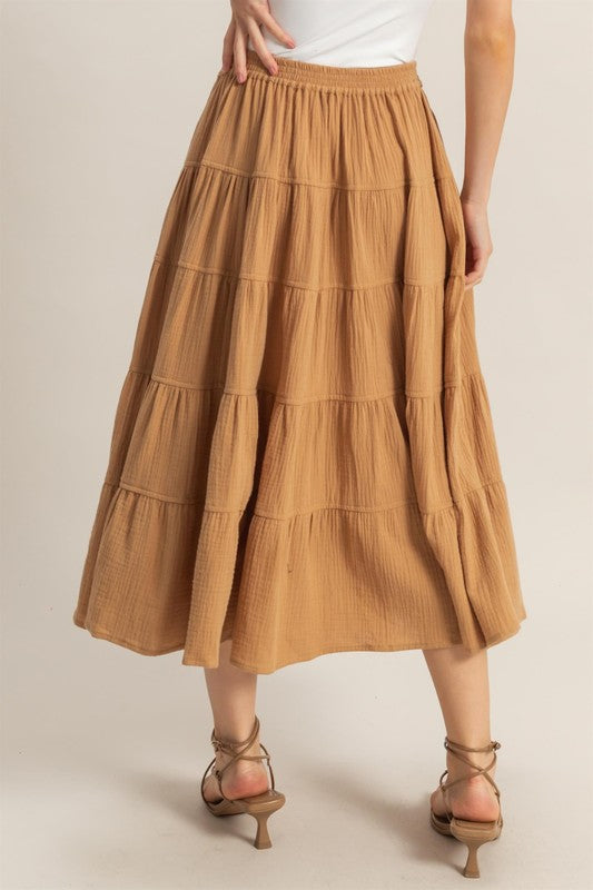 Women's double gauze tiered midi skirt with pockets – soft, breathable, and stylish