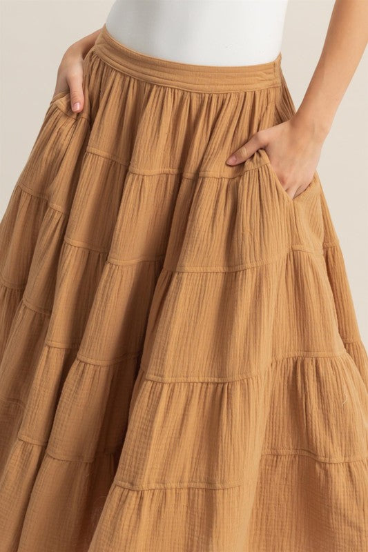 Women's double gauze tiered midi skirt with pockets – soft, breathable, and stylish