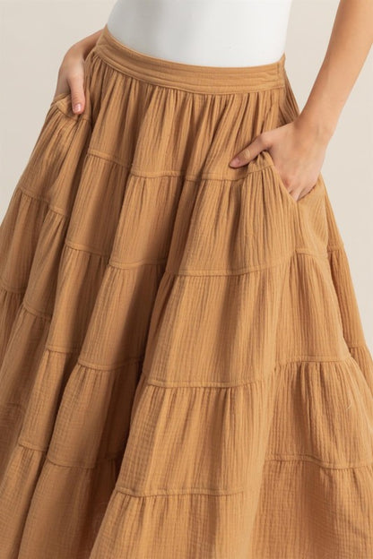 Women's double gauze tiered midi skirt with pockets – soft, breathable, and stylish