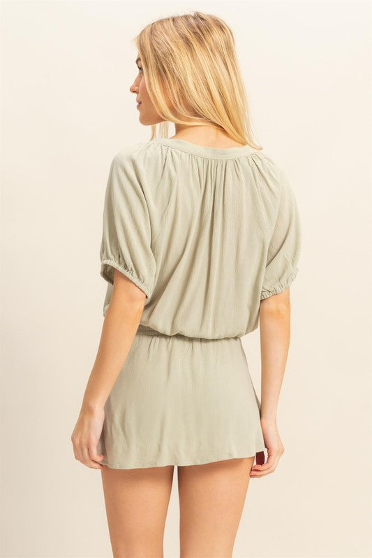 Trendy drawstring hem short sleeve top & matching skort set, perfect for casual and stylish everyday wear.