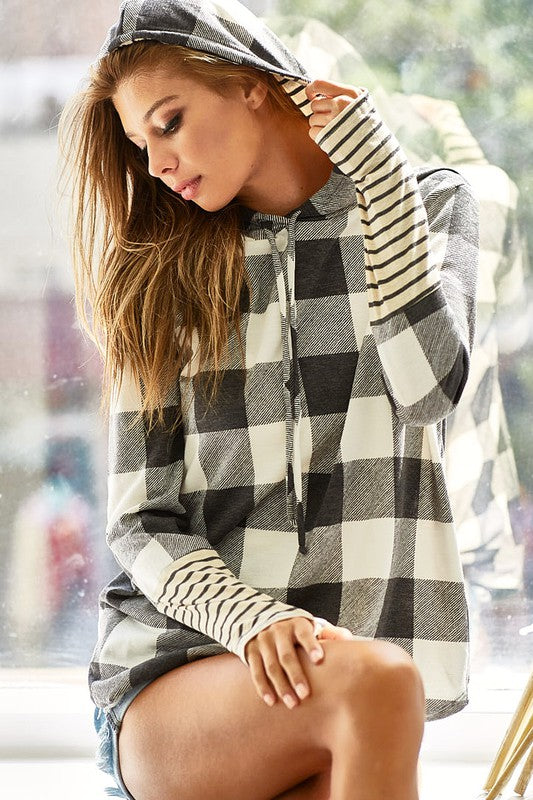 Soft terry plaid hoodie with striped cuffs and a drawstring hood, perfect for cozy and stylish casual wear.