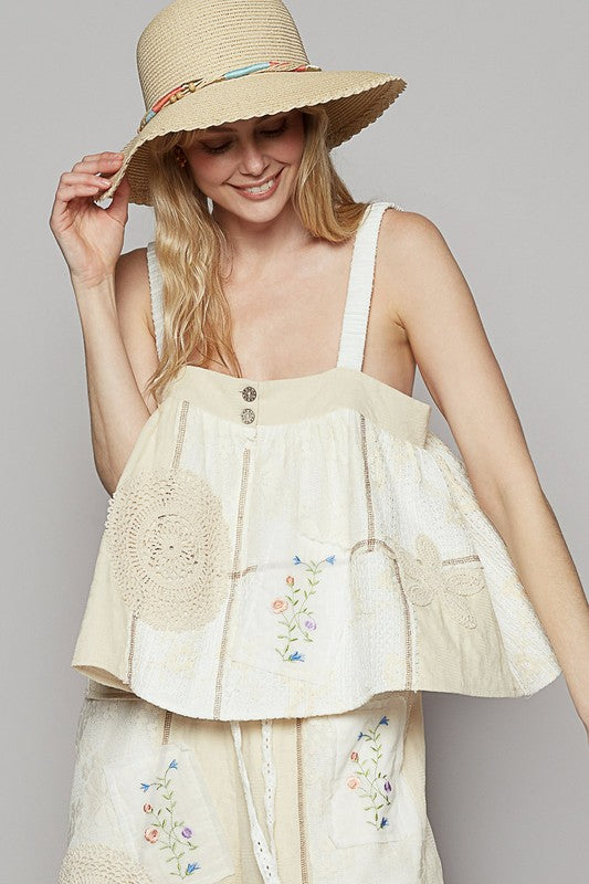 Women's embroidered crochet lace cami with square neck and smocked bodice – chic and feminine cotton top