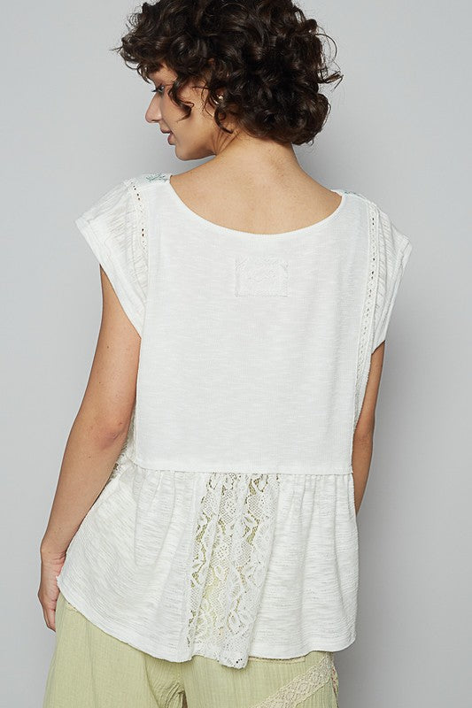 Women's embroidered detail boat neck cap sleeve lace blouse – elegant and feminine fashion