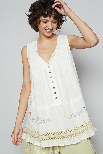 Women's embroidered lace detail V-neck sleeveless top – elegant and chic