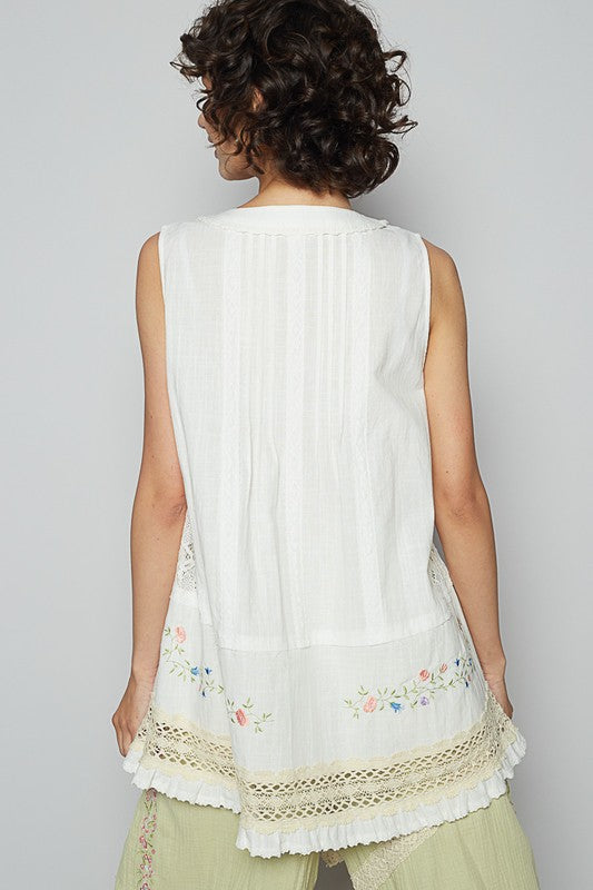 Women's embroidered lace detail V-neck sleeveless top – elegant and chic