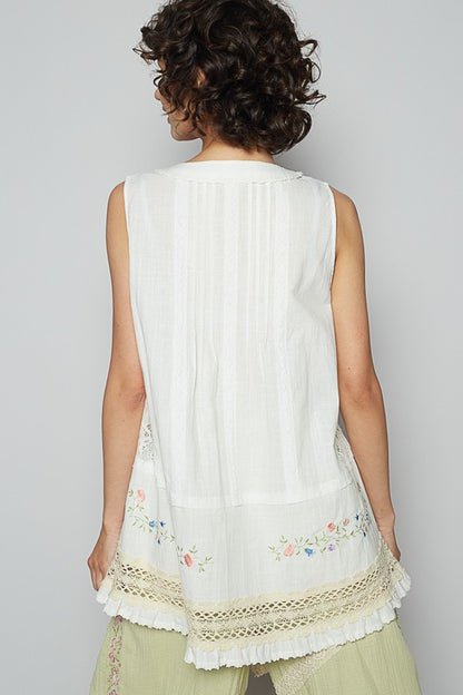 Women's embroidered lace detail V-neck sleeveless top – elegant and chic