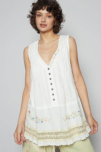 Women's embroidered lace detail V-neck sleeveless top – elegant and chic