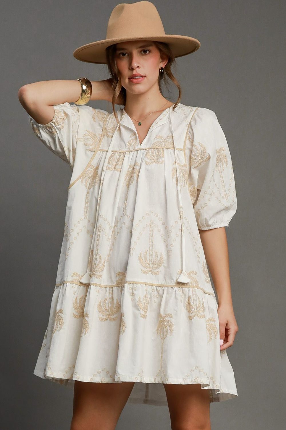 Vintage-inspired embroidered puff sleeve babydoll dress with a flowy silhouette, perfect for romantic and chic styling.