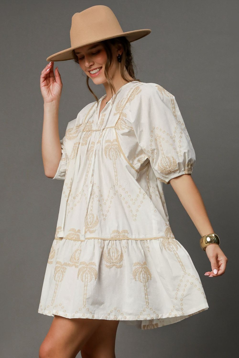 Vintage-inspired embroidered puff sleeve babydoll dress with a flowy silhouette, perfect for romantic and chic styling.