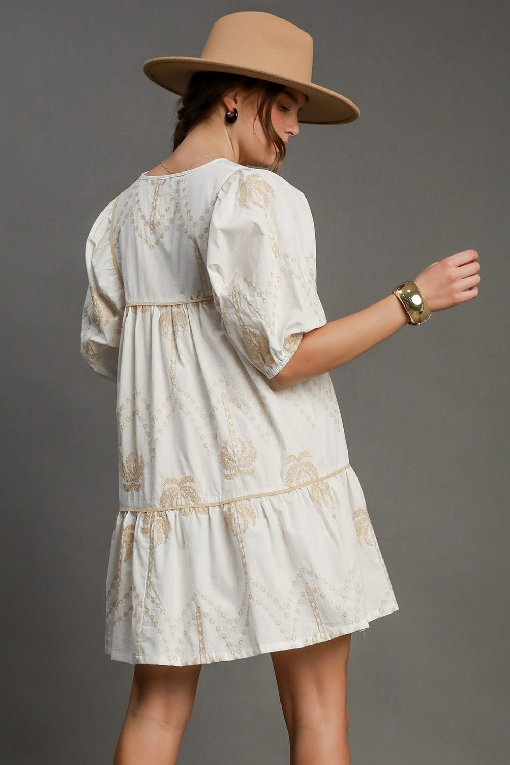 Vintage-inspired embroidered puff sleeve babydoll dress with a flowy silhouette, perfect for romantic and chic styling.