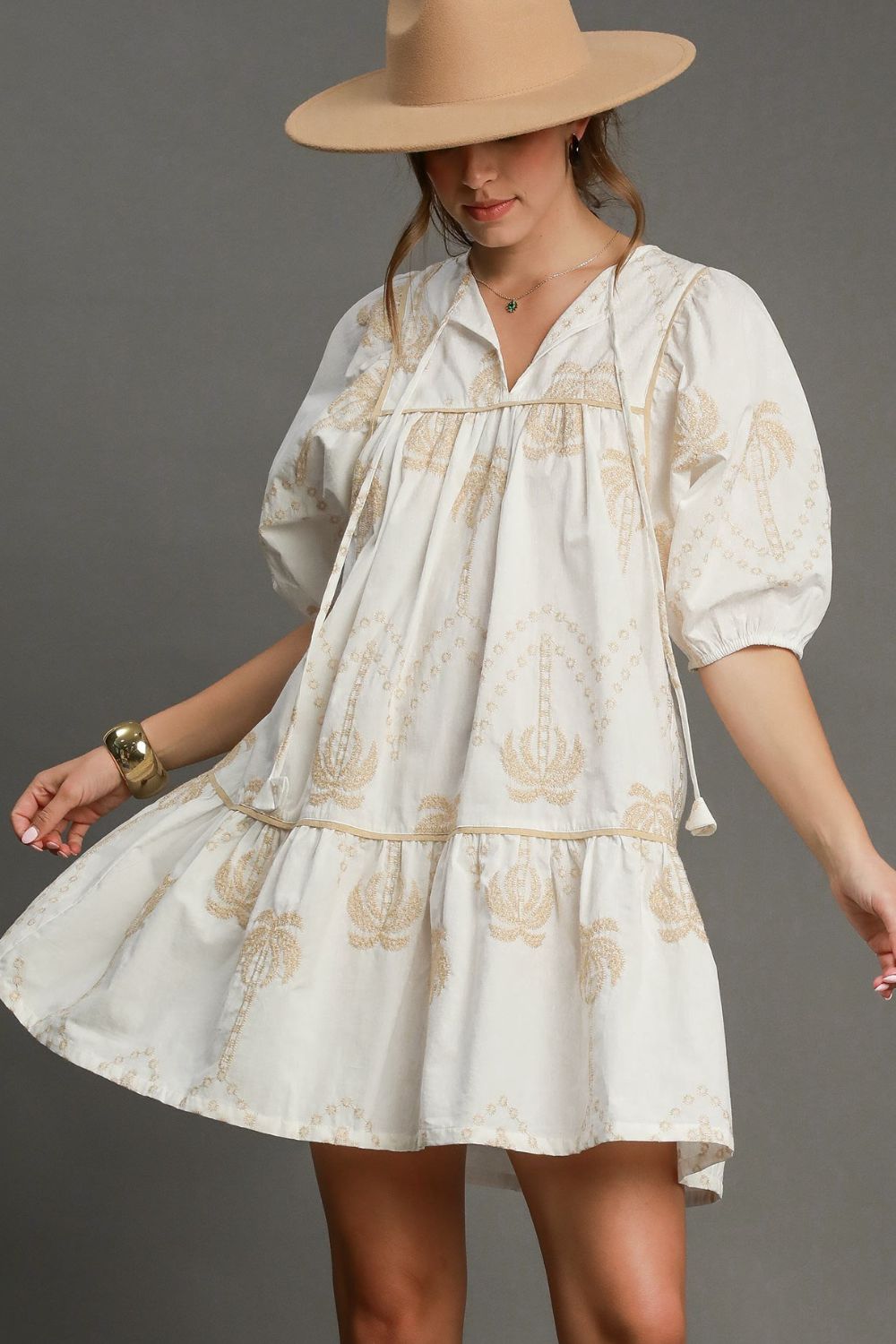 Vintage-inspired embroidered puff sleeve babydoll dress with a flowy silhouette, perfect for romantic and chic styling.