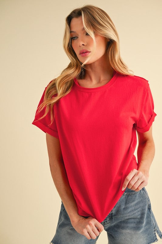 Women's exposed seam round neck short sleeve t-shirt – casual and edgy everyday wear