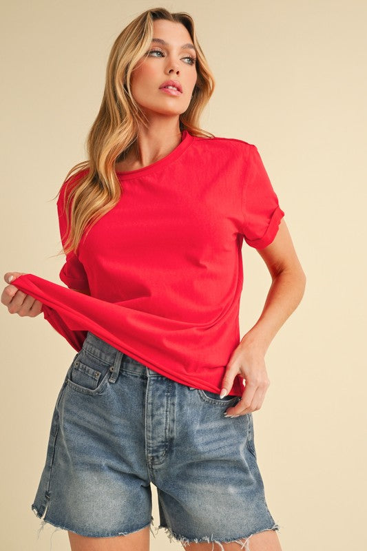 Women's exposed seam round neck short sleeve t-shirt – casual and edgy everyday wear