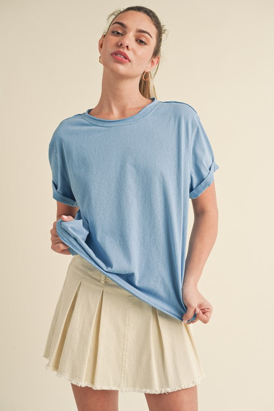 Women's exposed seam round neck short sleeve t-shirt – casual, modern, and edgy