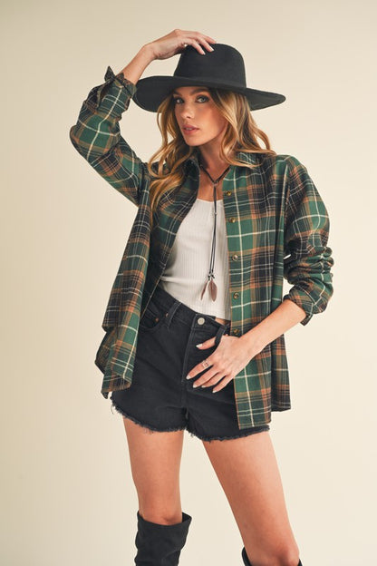 Classic flannel plaid button-up shirt with raglan sleeves, perfect for a relaxed and stylish look.