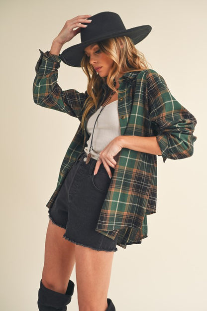 Classic flannel plaid button-up shirt with raglan sleeves, perfect for a relaxed and stylish look.