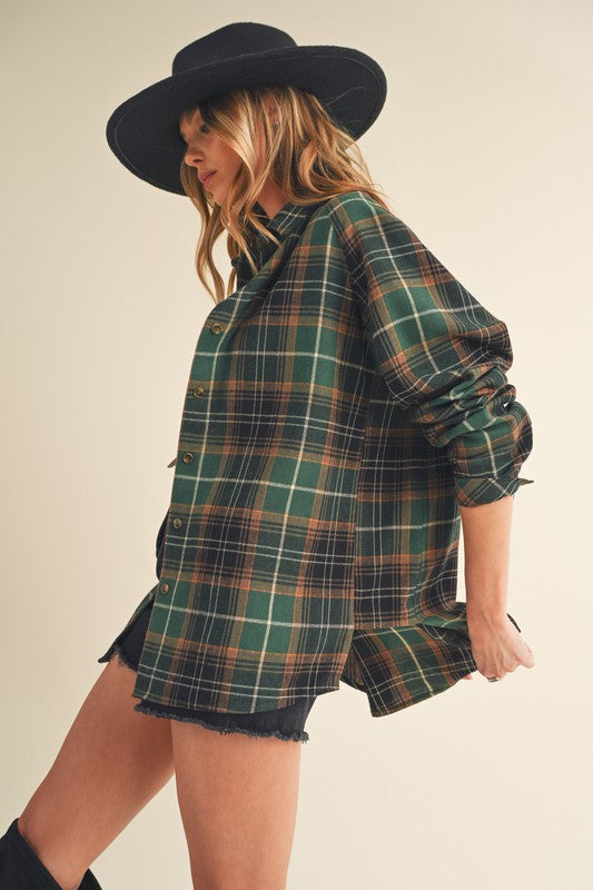 Classic flannel plaid button-up shirt with raglan sleeves, perfect for a relaxed and stylish look.