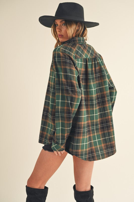 Classic flannel plaid button-up shirt with raglan sleeves, perfect for a relaxed and stylish look.