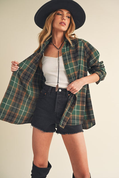 Classic flannel plaid button-up shirt with raglan sleeves, perfect for a relaxed and stylish look.