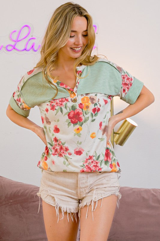 Cozy floral button detail round neck short sleeve terry t-shirt, perfect for casual and stylish everyday wear.