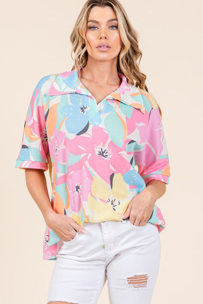 Stylish floral collared neck half sleeve top with a chic and feminine design, perfect for versatile styling.