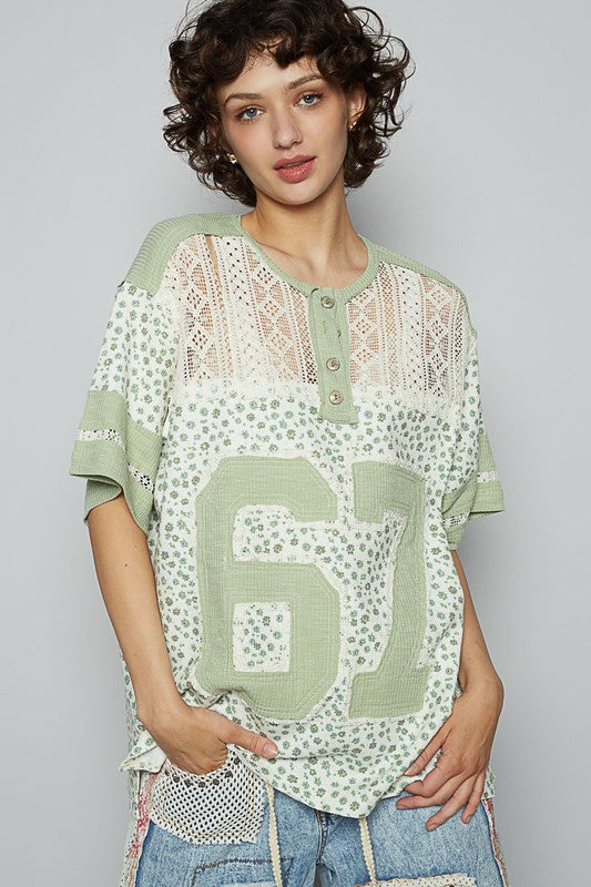 Women's floral crochet button detail half sleeve top – elegant and feminine style