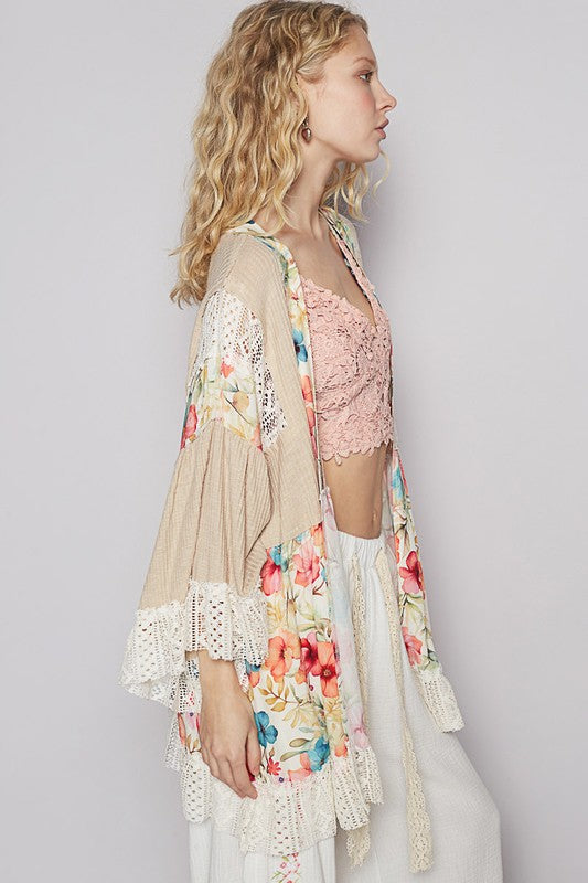 Women's floral crochet detail open front 3/4 sleeve cardigan – feminine and boho-inspired layering piece