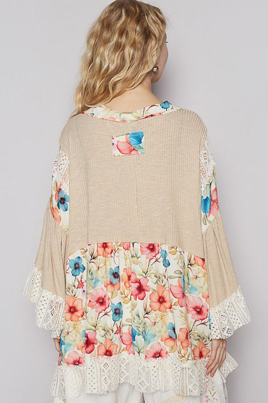 Women's floral crochet detail open front 3/4 sleeve cardigan – feminine and boho-inspired layering piece